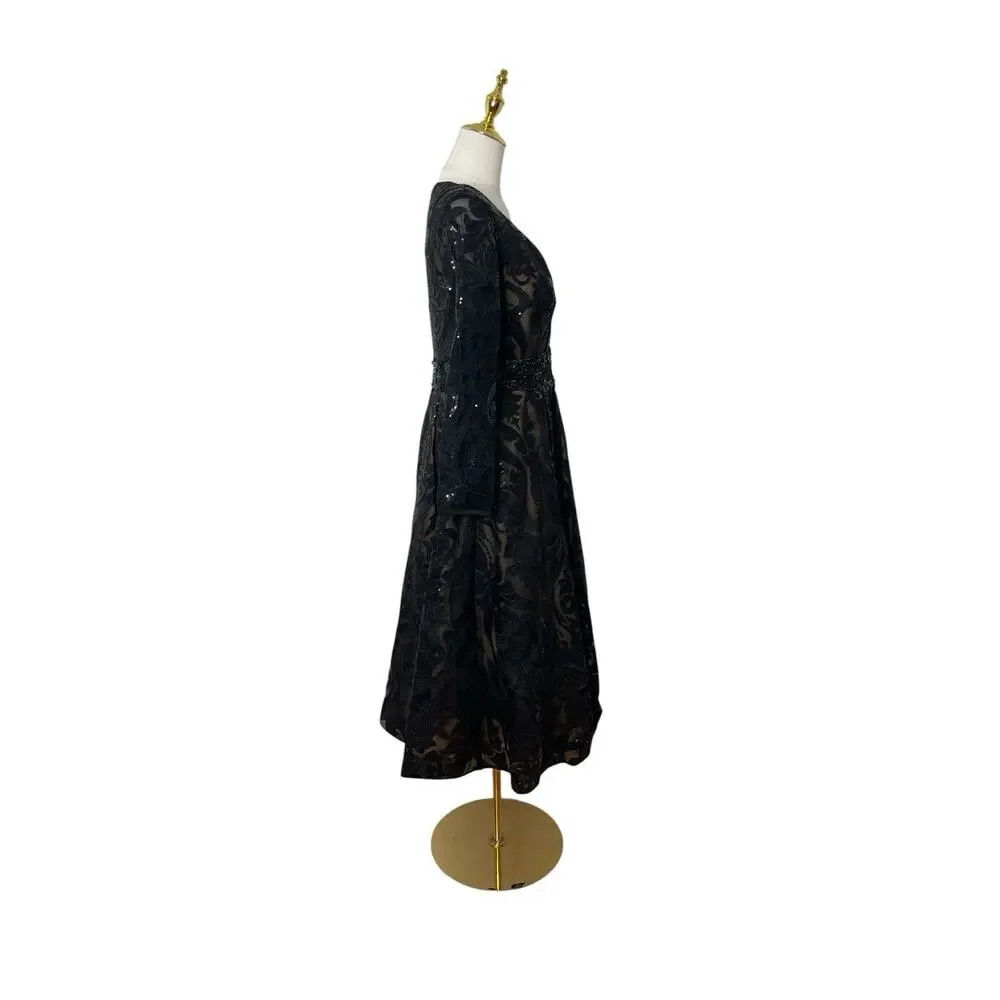 Mac Duggal Black and Gold Sequin Midi Dress